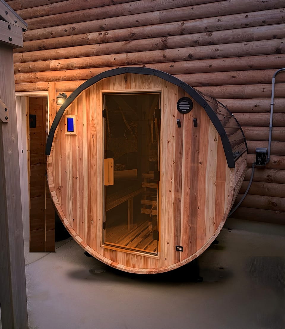 Outdoor wooden barrel sauna located on the private back patio of Driftwood Dream log cabin in the Poconos.