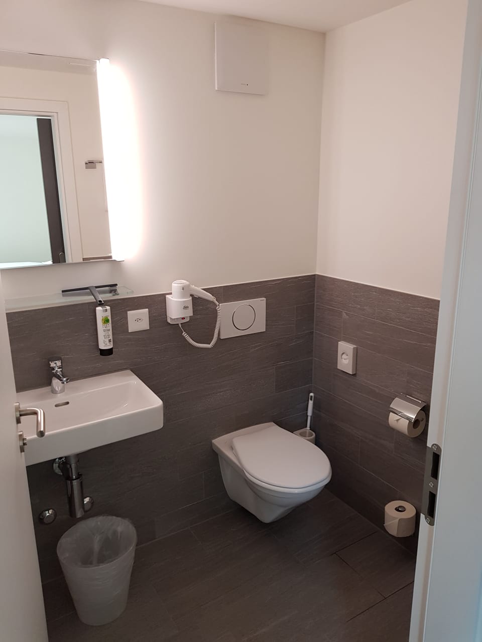 Hair dryer, heated floors, towels, soap