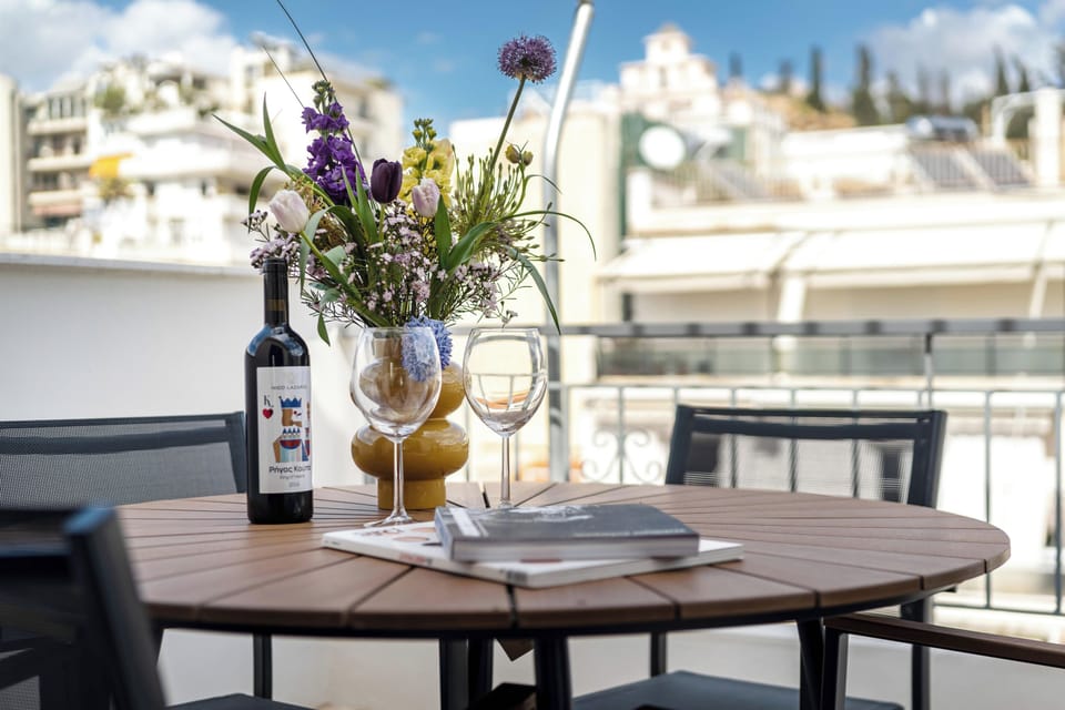 Terrace details with the city beyond