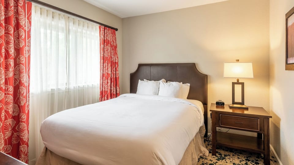 Primary Bedroom • Queen Bed, Leather Headboard & Red Curtains
