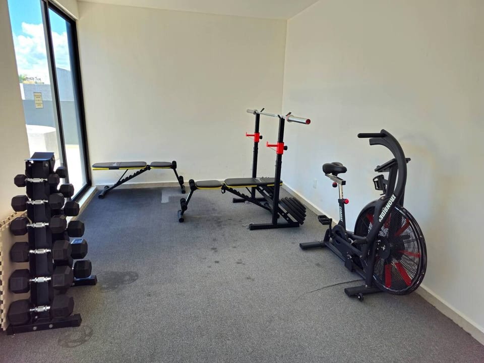 Get a workout in the rooftop gym with cardio and strength-training equipment