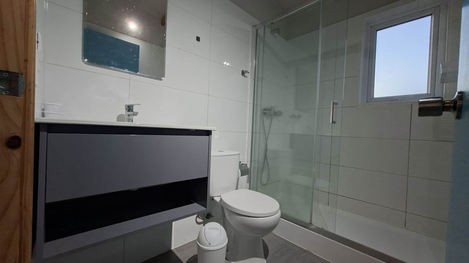 Shower, vanity and toilet in the bathroom