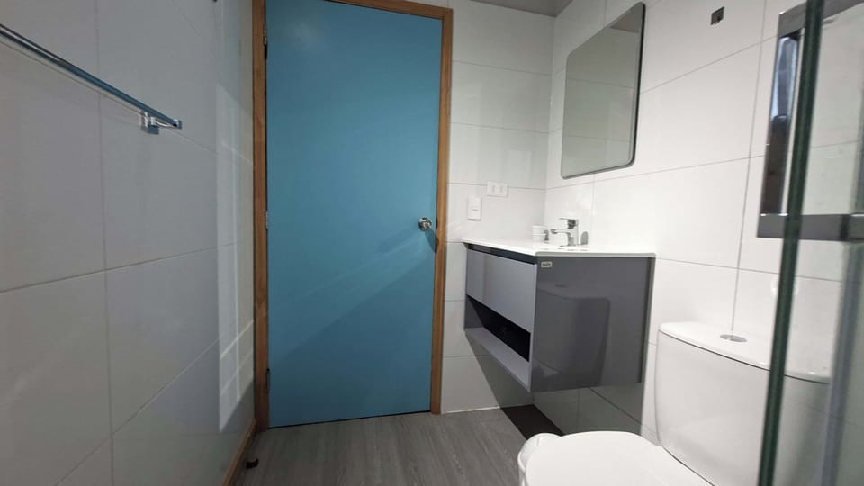 Bathroom vanity and turquoise door