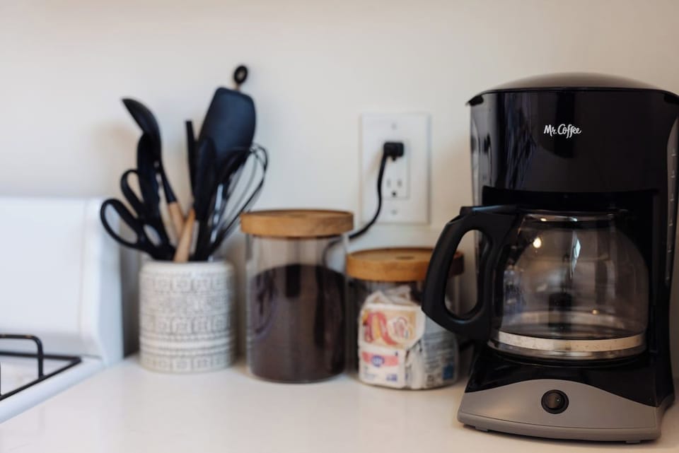 You’ll find a coffee maker, plenty of utensils and quality cookware