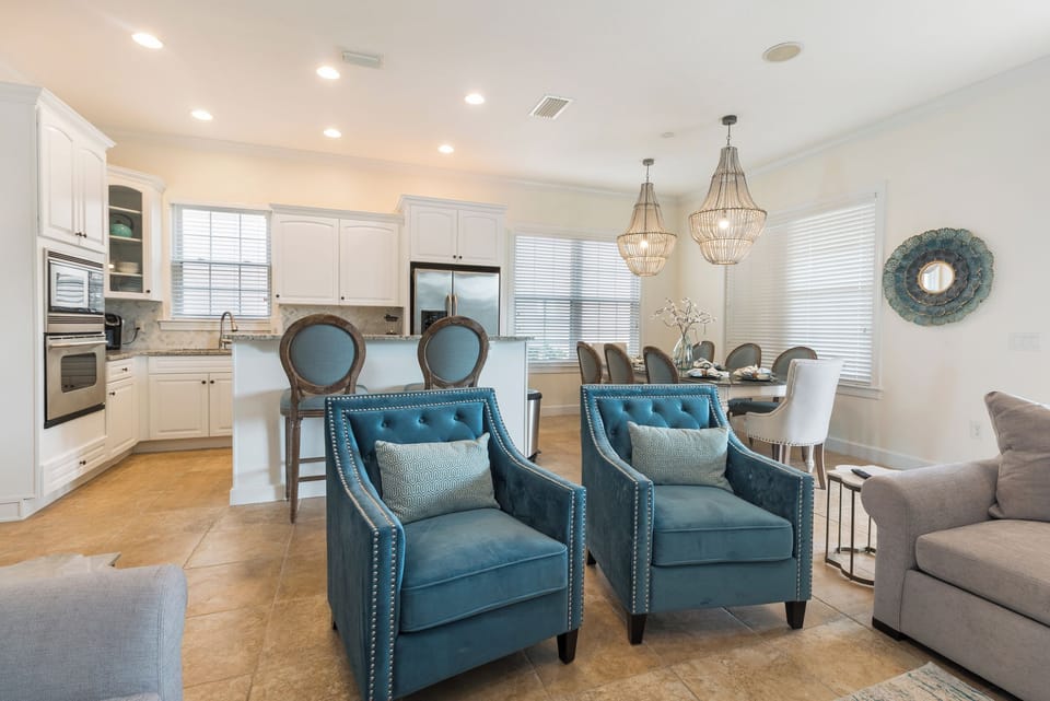 The kitchen area overlooks the living area to entertain your guest easily