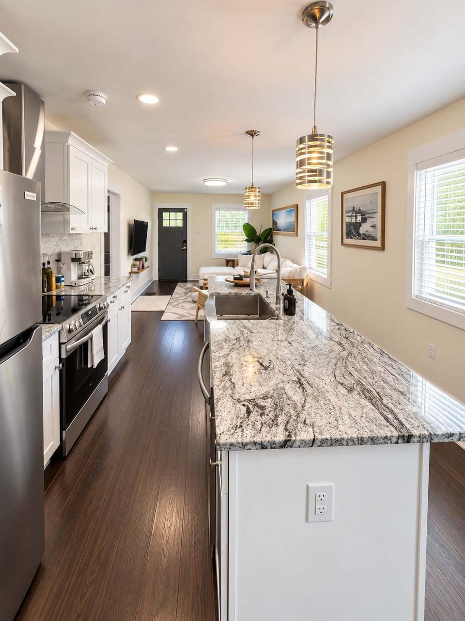 Open-concept newly renovated kitchen and living area