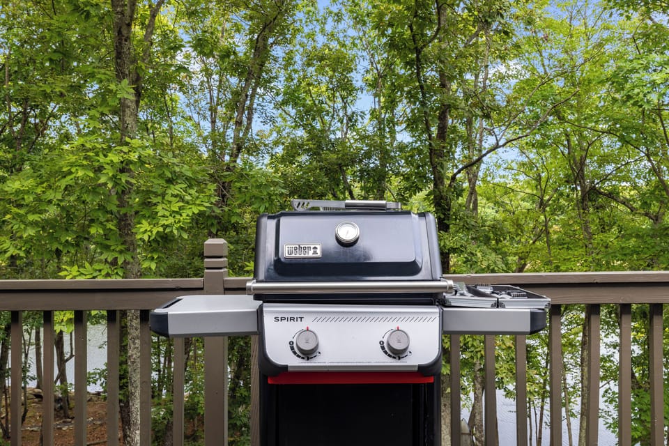 Private deck with gas grill and serene wooded water views