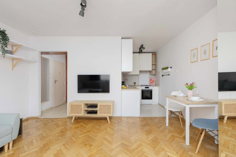 A wider view of the studio shows the sofa bed, kitchenette, dining area, and TV. The open-plan layout makes it easy to use the space for both relaxing and everyday activities.