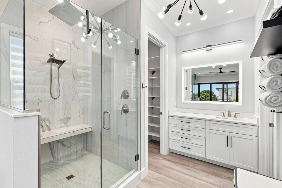 Luxurious walk-in shower in the primary bathroom