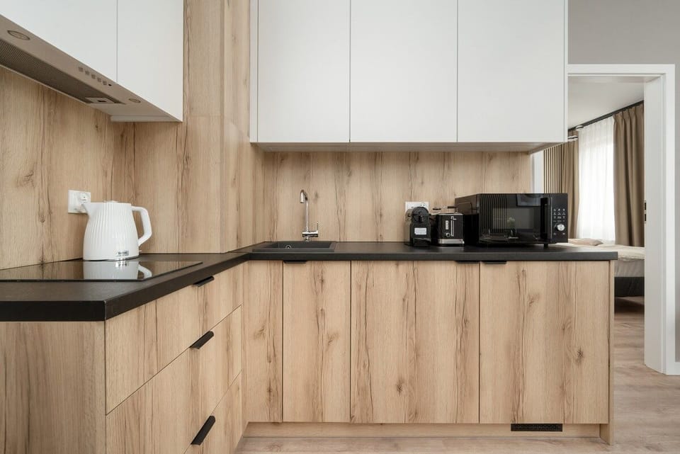 Kitchenette with a microwave.