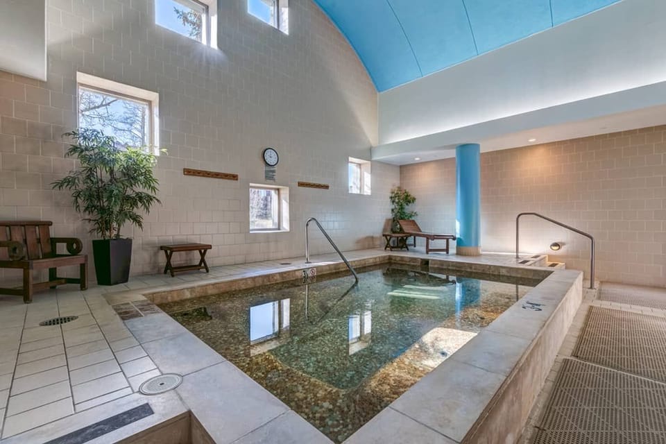 Hot tub area with seating and plants, windows letting in light