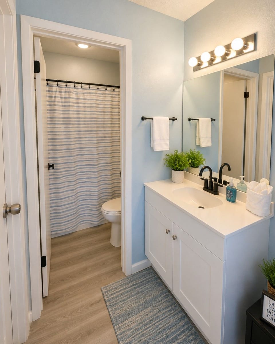 The spacious bathroom offers everything needed to refresh after a day on the lake.