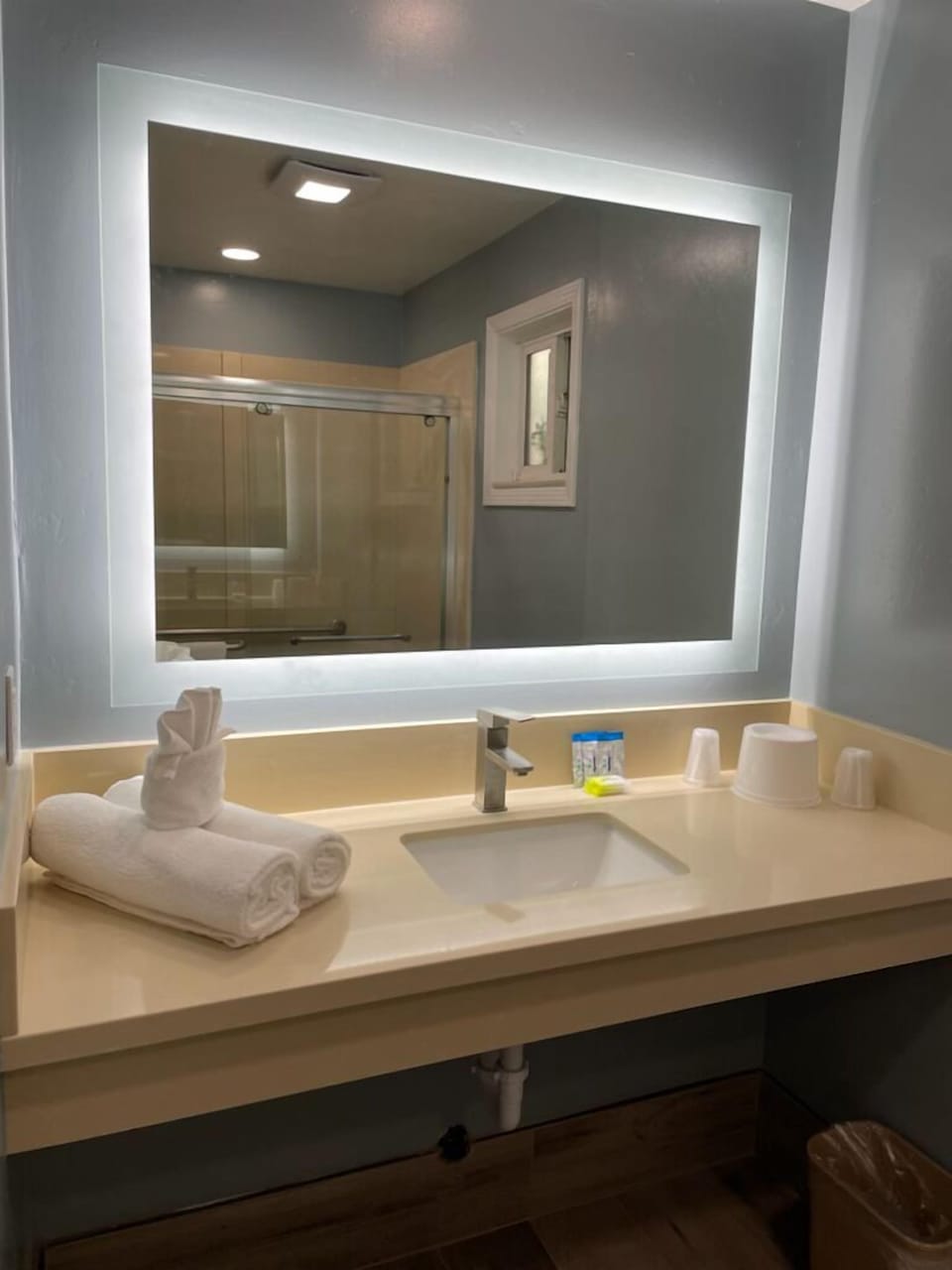 Shower, towels, soap, shampoo