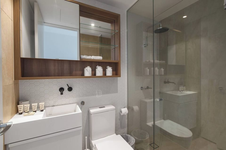 The bathroom has been stylishly presented with a natural rainfall simulation shower head, toilet and mirrored vanity.