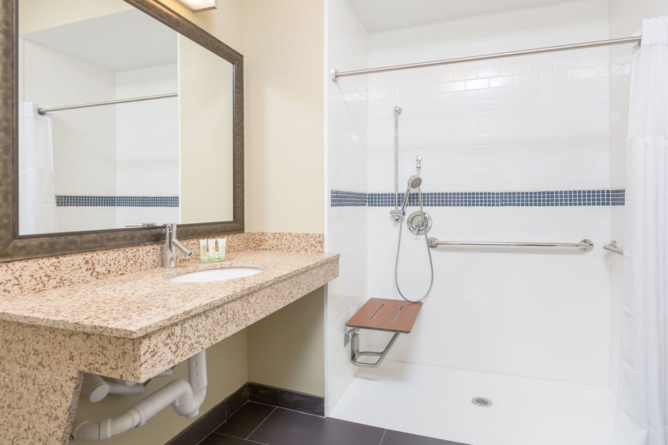 Accessible bathroom with roll-in shower, fold-down seat, and grab bars.