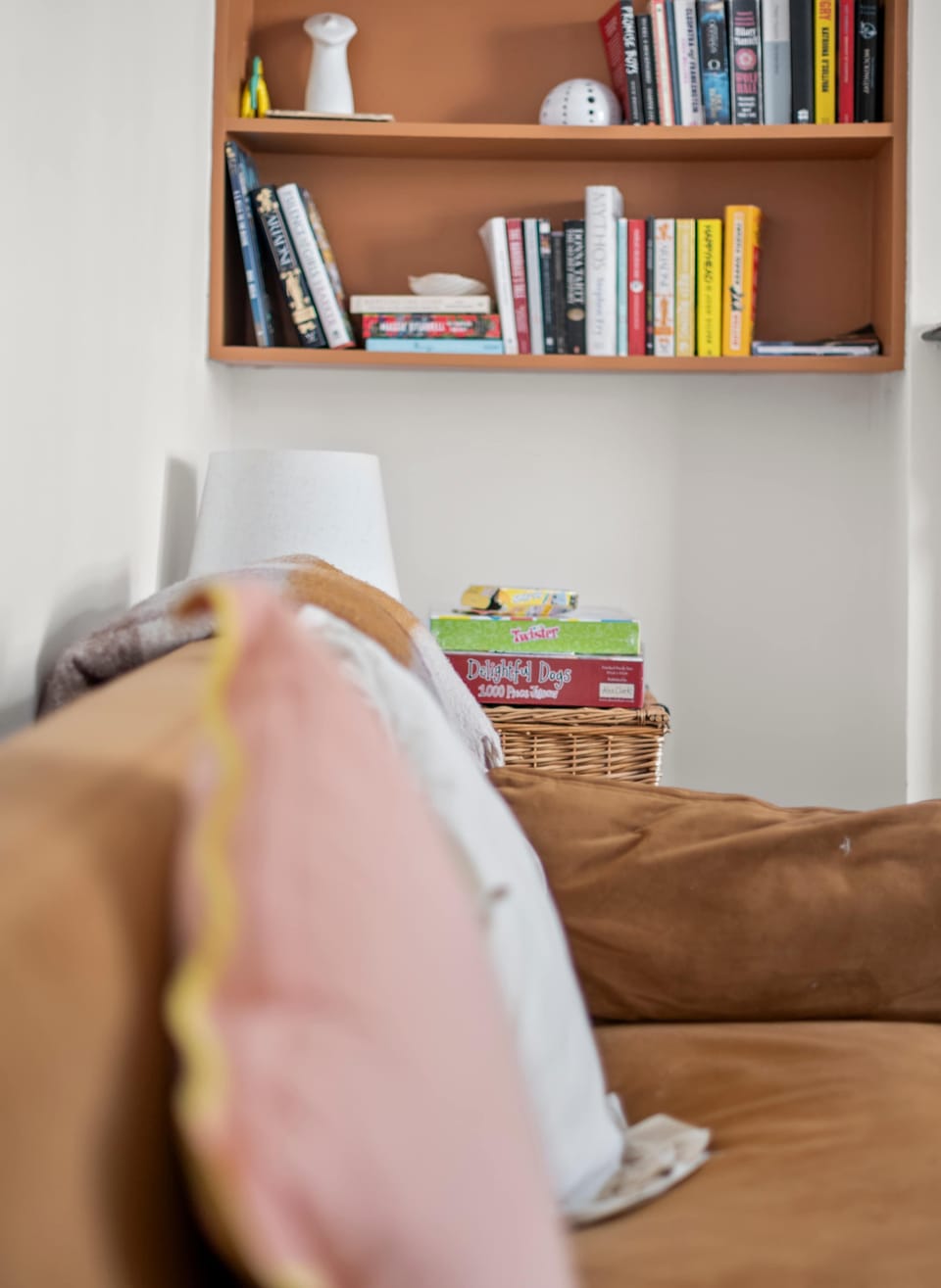 A brown sofa with pink and white cushions faces a wooden wall shelf filled with books and small decorative items.