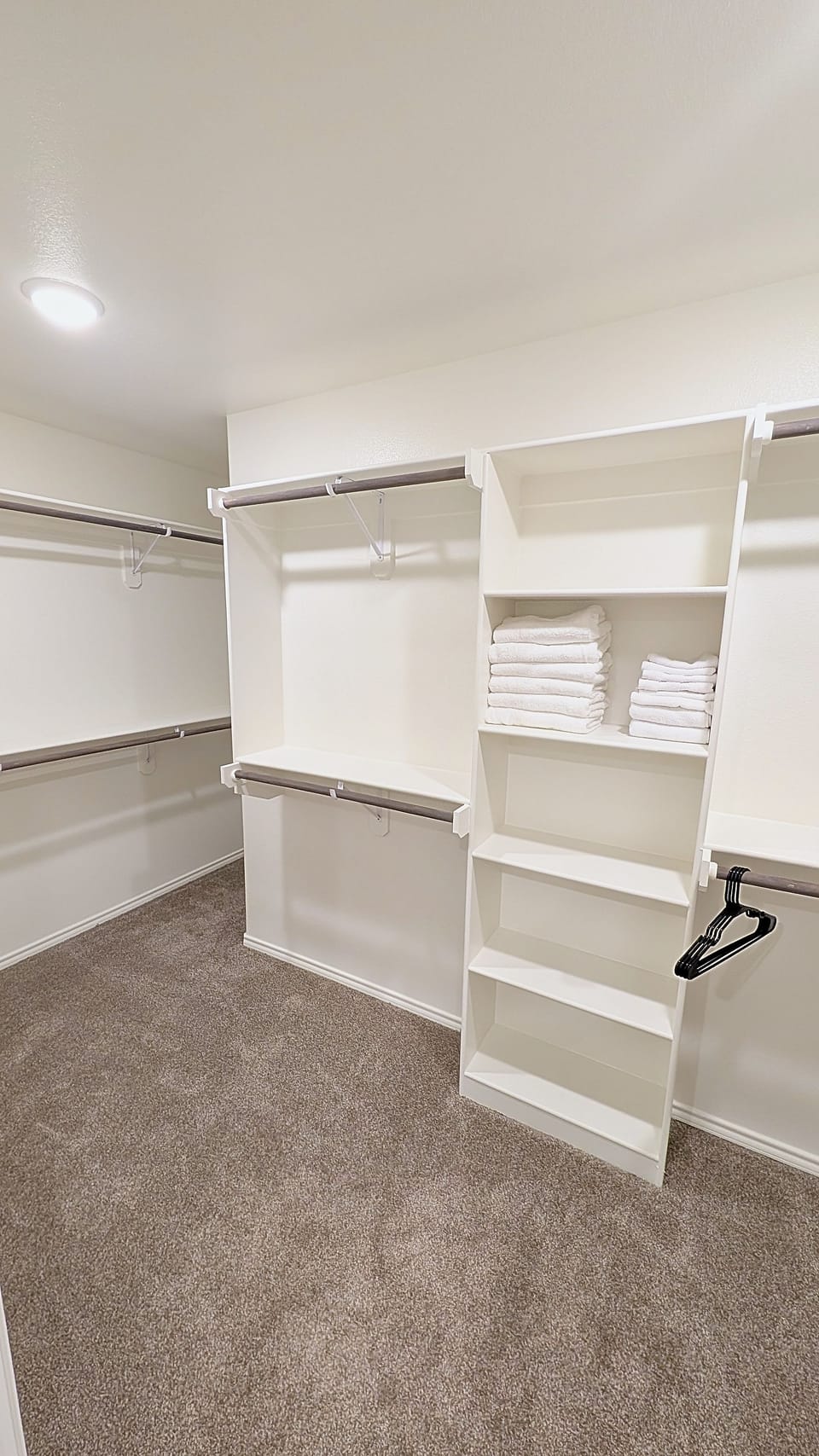 Spacious walk-in closet with built-in shelving and ample storage