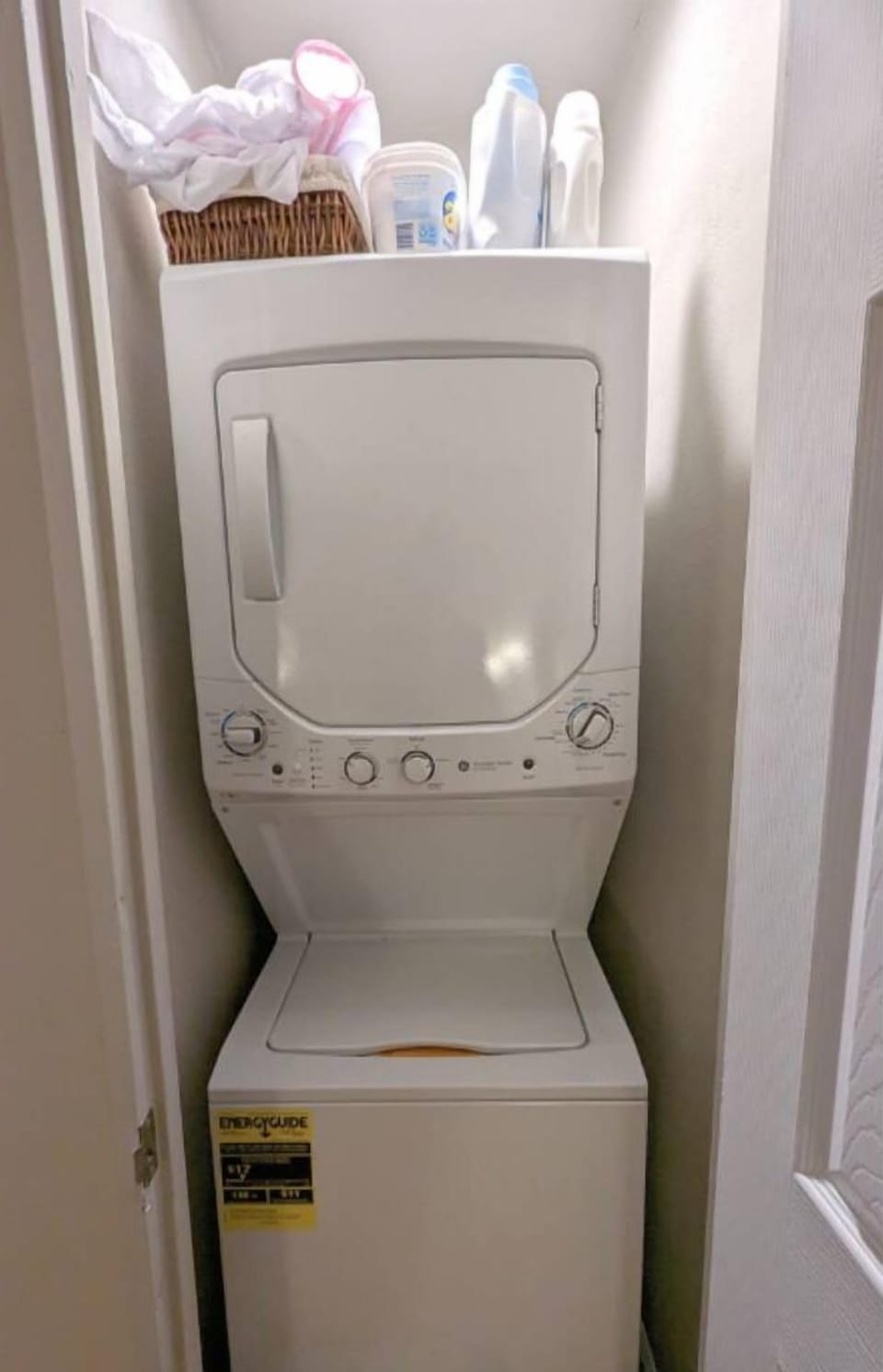 There is a stacked laundry in the unit's second bedroom.