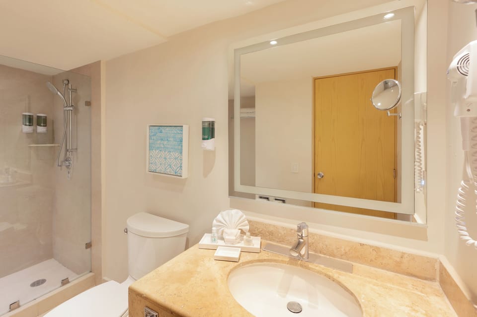 Shower, rainfall showerhead, free toiletries, hair dryer