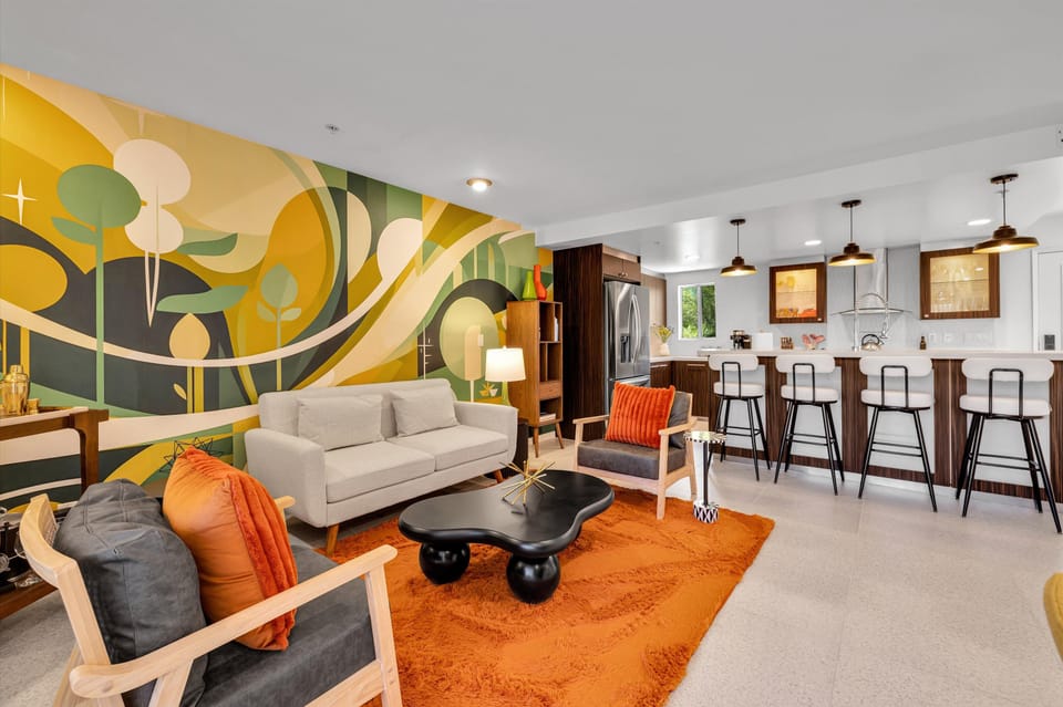 Comfortable living room with bold desert-inspired decor