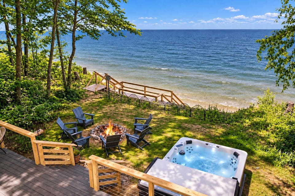 Beachfront lawn with hot tub and fire pit seating area