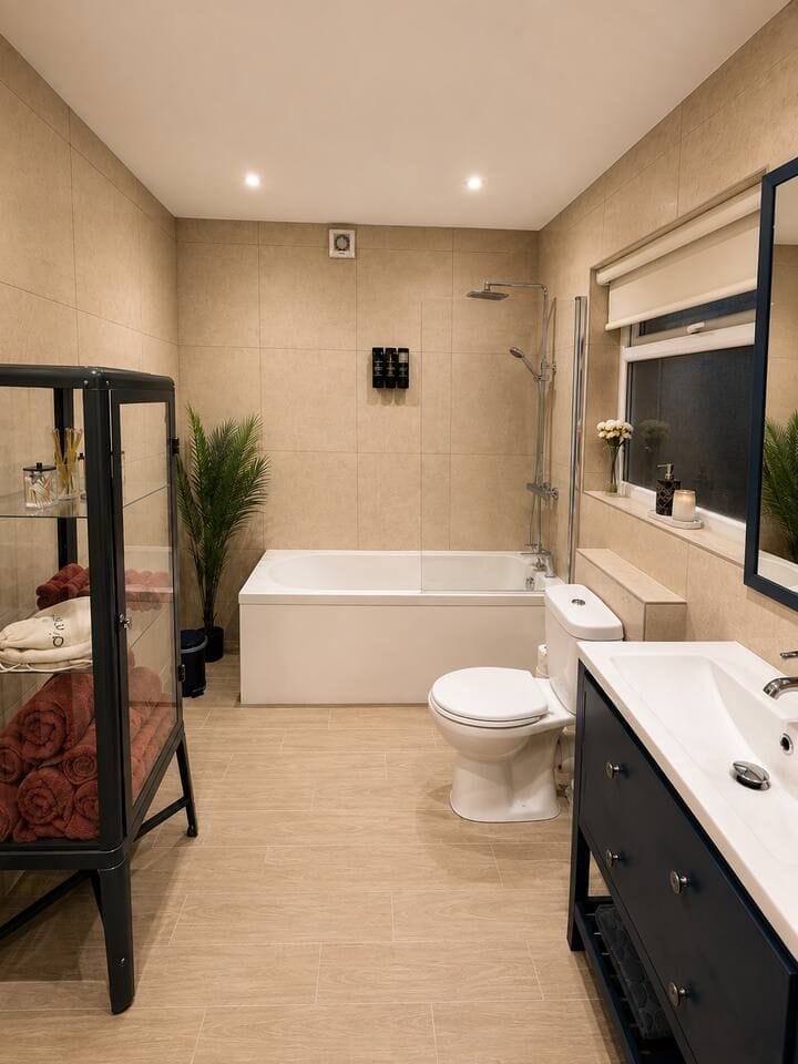 Modern spa-style bathroom with tub, rainfall shower, and elegant finishes