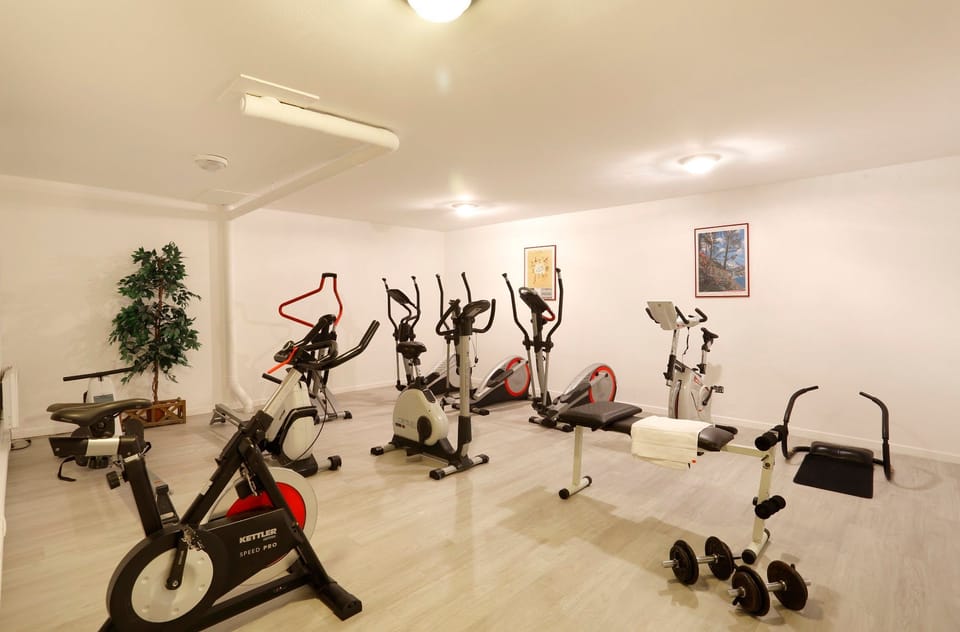 Fitness room with spin bikes, cross-trainers, a weight bench and dumbbells