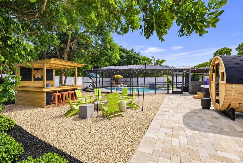 Sip, splash, and steam in a backyard that feels like your own private resort. Grab a seat at the outdoor bar, dip into the pool, then warm up in the barrel sauna, all with plenty of room for the whole group to spread out and play.