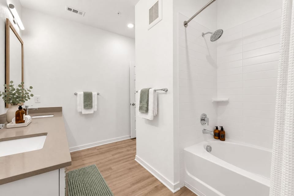 Bright modern bathroom with tub-shower combo and fresh spa-like touches