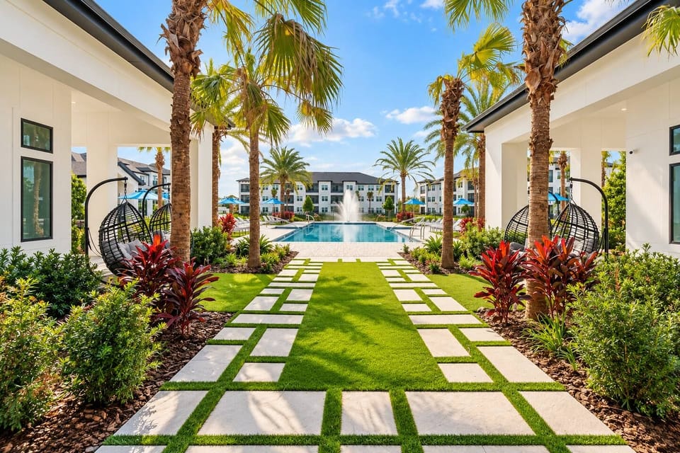 Landscaped walkways connect the shared pool and community outdoor spaces.
