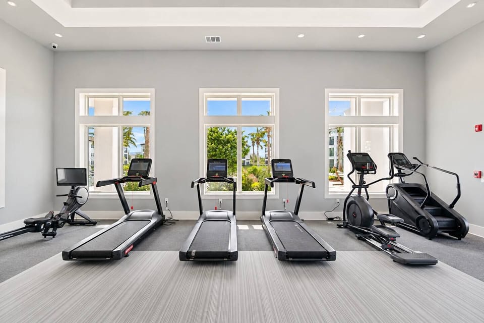 Keep your routine with cardio equipment in the shared fitness center.