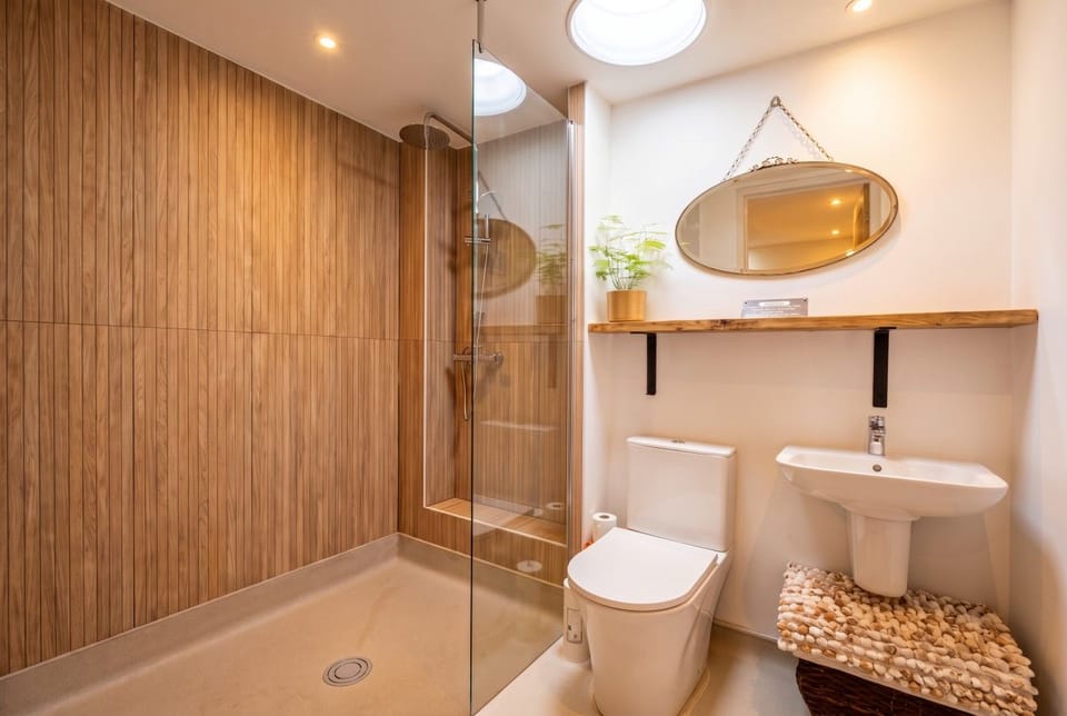 The walk-in shower room has a wood-clad wall and a skylight overhead.