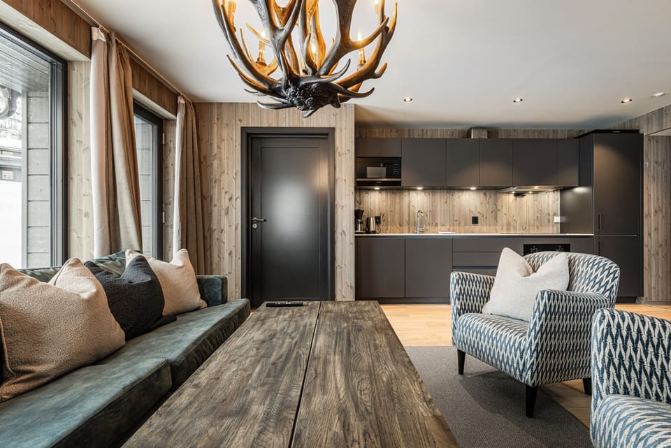 Open plan kitchen living room area with designer finishes
