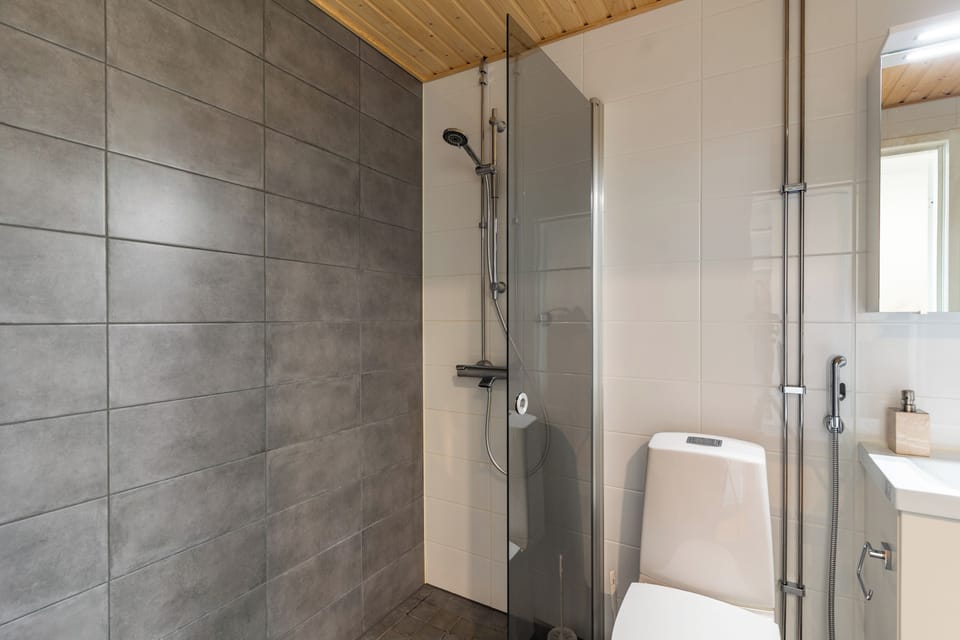 Modern bath with walk-in shower, glass screen, and warm wood ceiling.