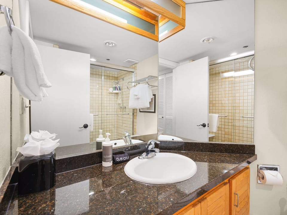 Full bathroom with granite vanity and glass-enclosed tiled shower.