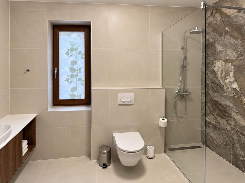Bright bathroom with a walk-in shower, modern vanity, toilet, natural light, and elegant neutral tiles.