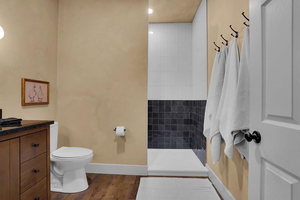 Full Bath is located in the hallway with a standing shower and vanity.