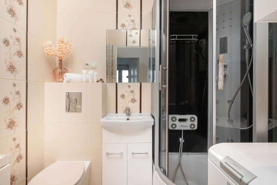 Modern bathroom with a shower, sink, mirror, and washing machine.