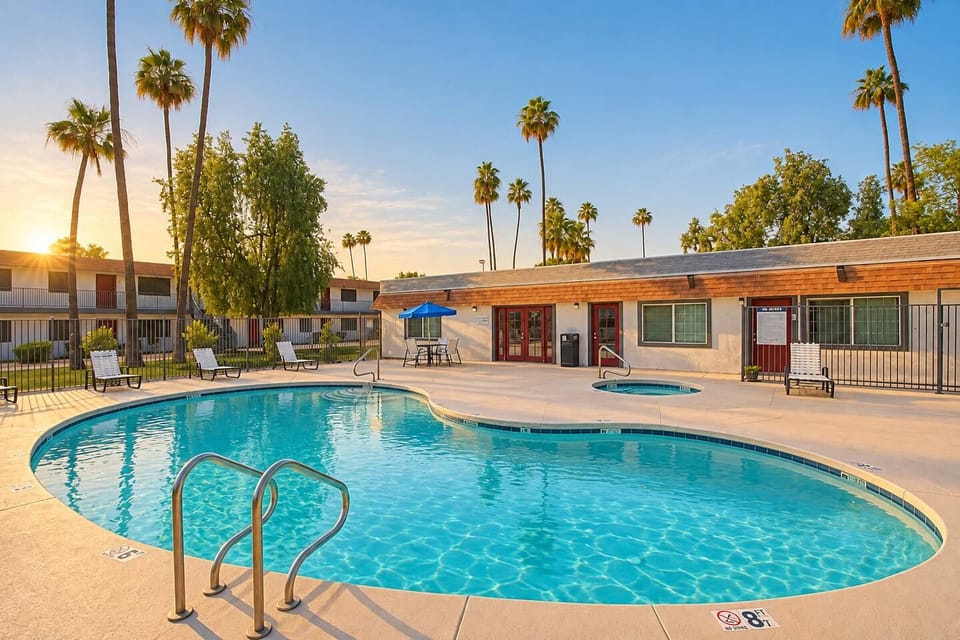 Inviting community swimming pool and hot tub with poolside seating, tables, and palm trees - perfect for relaxing in the Arizona sunshine and cooling off. 