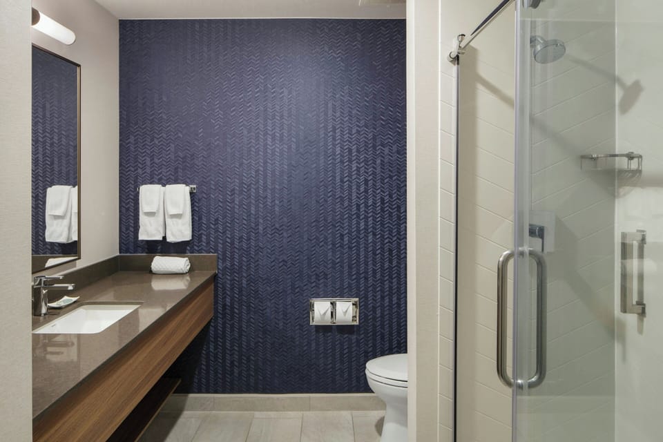 Combined shower/tub, free toiletries, hair dryer