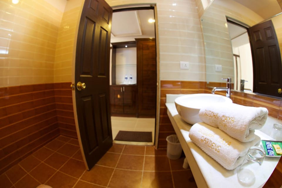 Shower, rainfall showerhead, free toiletries, hair dryer