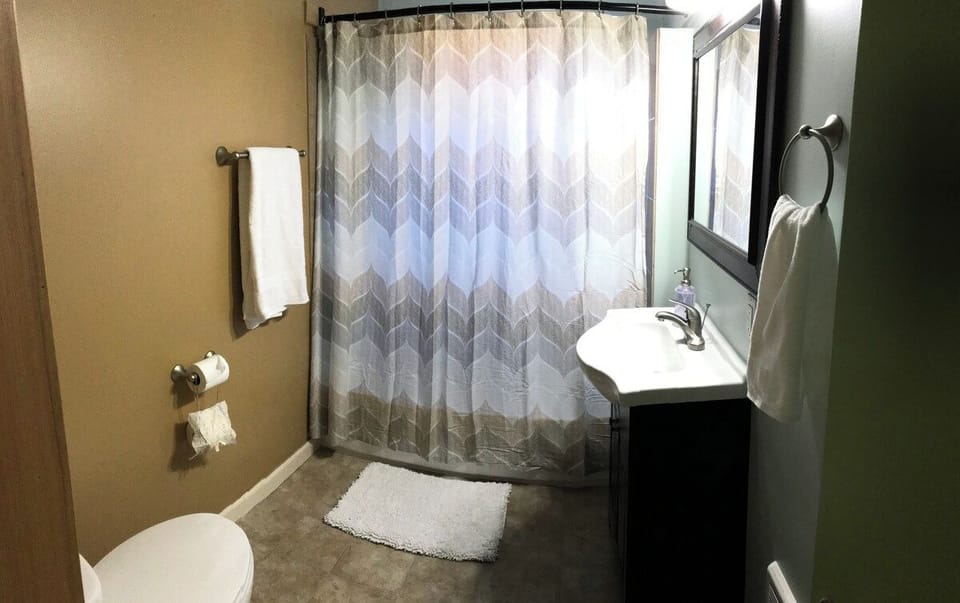 The spacious newly updated bathroom with bathtub