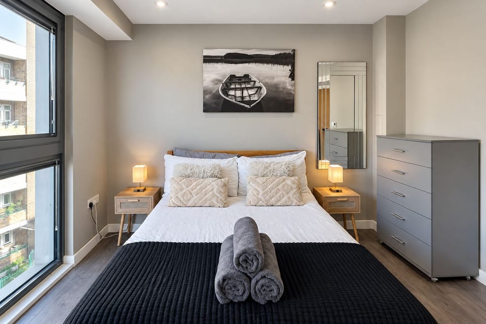 Bedroom 1 w/ double bed | Shoreditch-Hoxton Flat near Old Street & Liverpool St