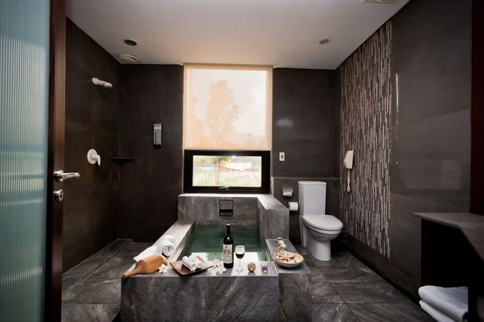 Combined shower/tub, spring water tub, free toiletries, hair dryer