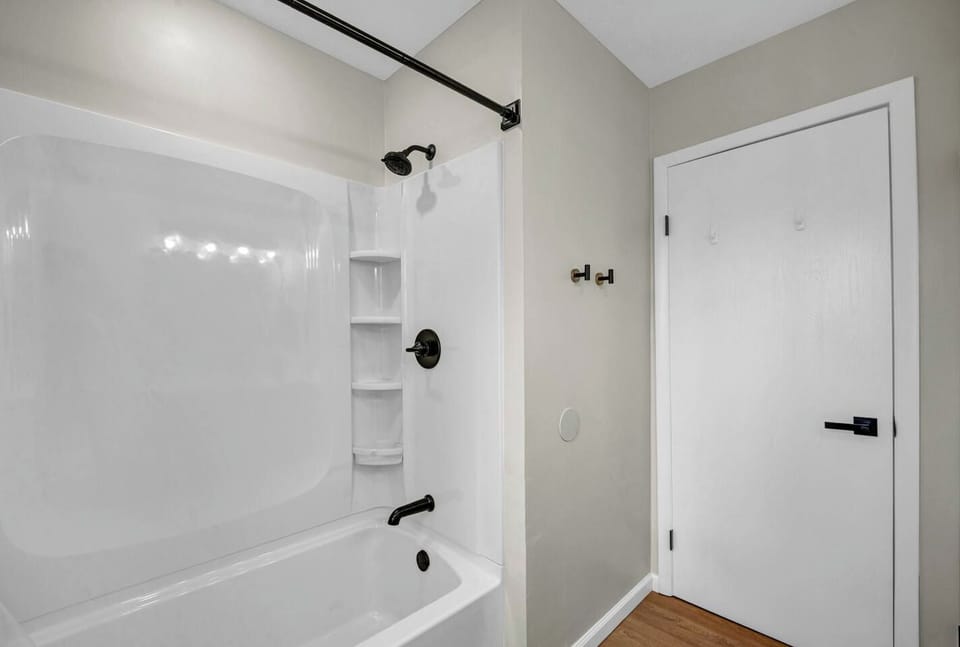  The full bathroom includes a shower for getting ready each day.
