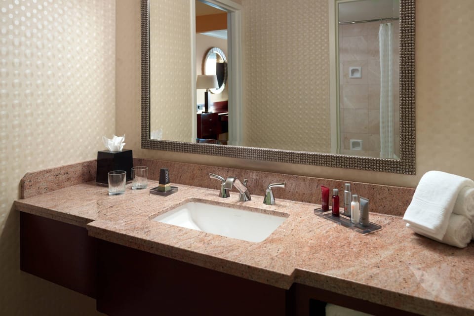 Combined shower/tub, free toiletries, hair dryer, towels