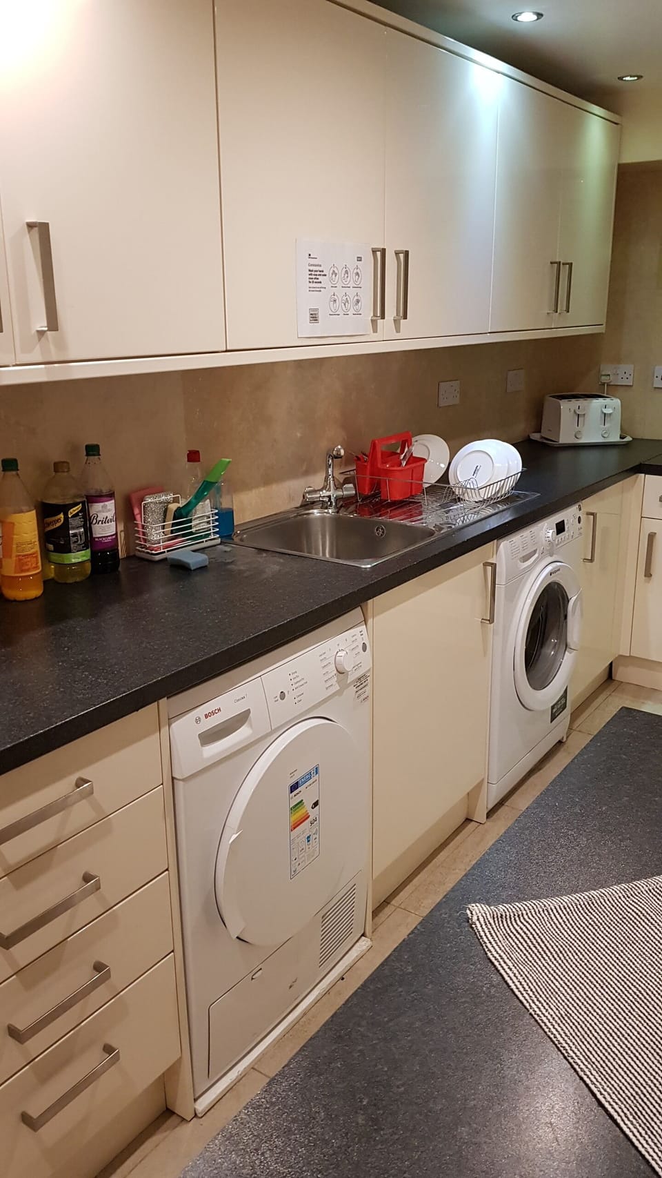 Fridge, microwave, coffee/tea maker, cookware/dishes/utensils