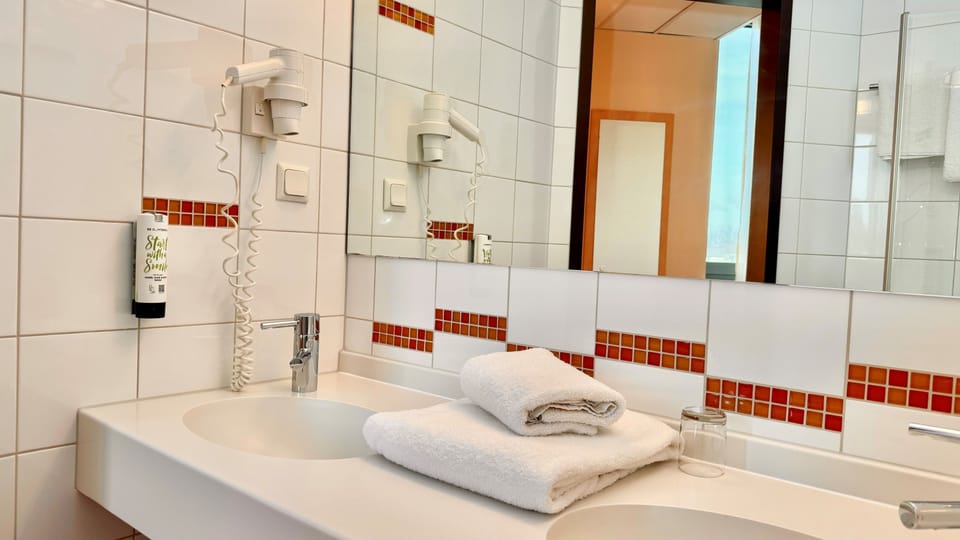 Shower, free toiletries, hair dryer, towels