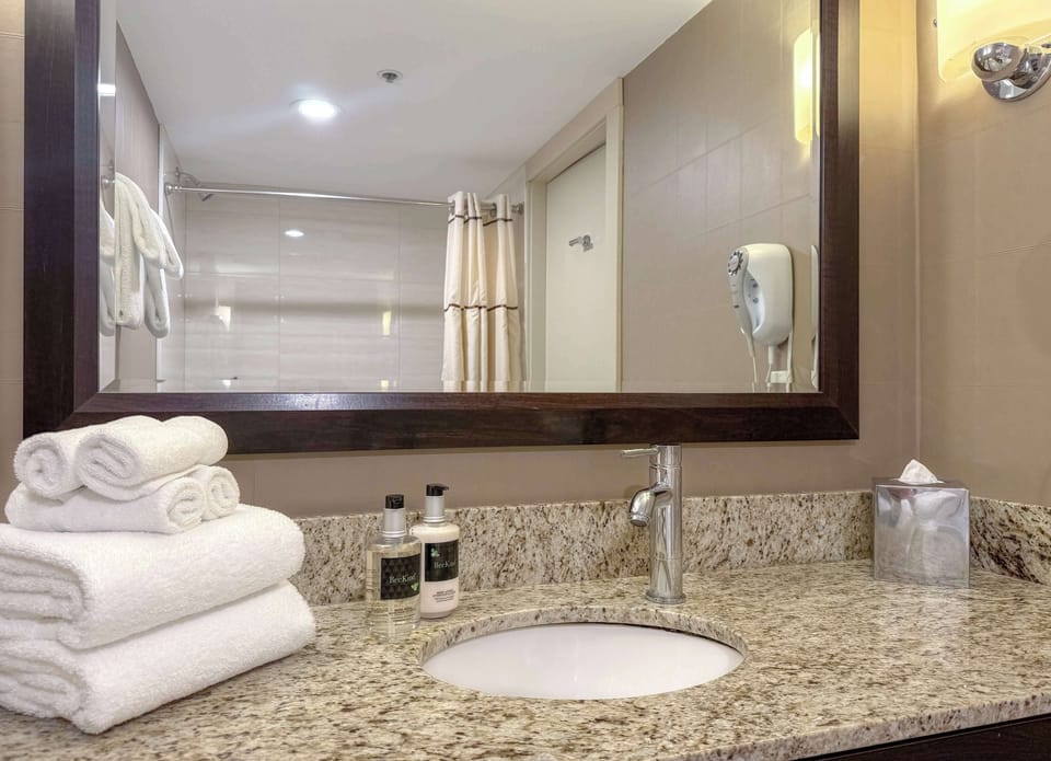 Combined shower/tub, eco-friendly toiletries, hair dryer, towels