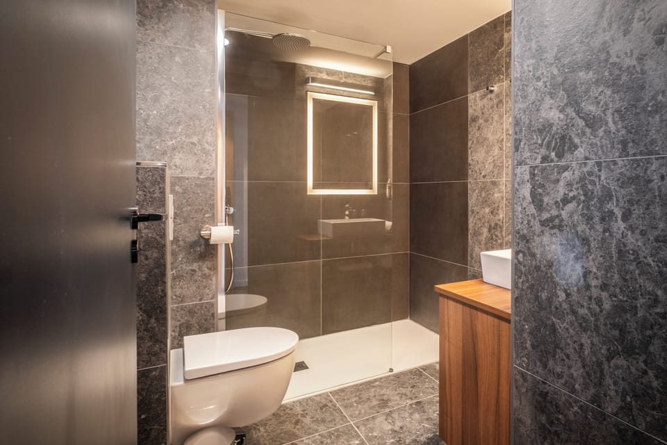 Hydromassage showerhead, hair dryer, towels